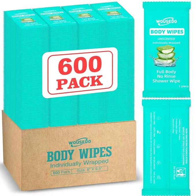 600 Pack Individually Wrapped Body Wipes (8" x 9.5"),No-Rinse Shower Wipe for Adults,Travel,Gym & Camping,Bulk Cleansing Wipes for Homeless