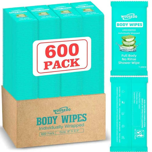 600 Pack Individually Wrapped Body Wipes (8" x 9.5"),No-Rinse Shower Wipe for Adults,Travel,Gym & Camping,Bulk Cleansing Wipes for Homeless
