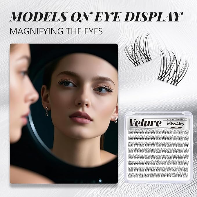 MissAiry Velure Lash Clusters LengthLock Eyelash Extensions Natural Lash Clusters Short Lash Cluster 10MM DIY Lashes Natural with Invisible Band Venus D Curly Individual Eyelashes(Velure 10MM)
