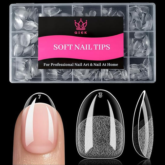 Qiek Short Oval Fake Nail Tips - 15 Sizes 240 PCS Clear Half Matte Press On False Nail Tips Pre-shaped Soft Full Cover Gel Nail Tips Extensions Thick Long Lasting for DIY Beginners & Salon Manicure