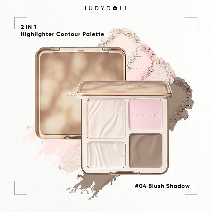 JUDYDOLL Highlight & Contour Palette, All-in-One Matte Highlighter Contour Compact, Blendable Face Makeup for Beginners, for All Skin Tones (04 Blush Shadow Palette)
