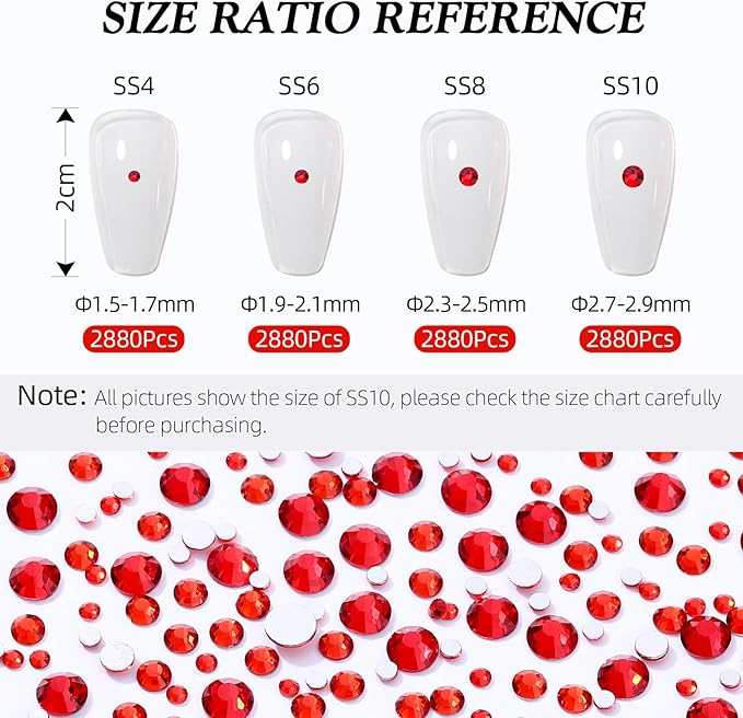 Meibite Red Flatback Rhinestones, Glass Rhinestones for Nail Art and Craft, Glue Fix, Loose Crystal Gemstones(Red, SS8, 2880pcs, 2.3-2.5mm)