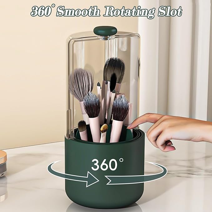 Zufudo Makeup Brush Holder with Dustproof Cover, Clear 360 Rotating Make Up Brushes Organizer for Counter Vanity Bathroom, Olive Green