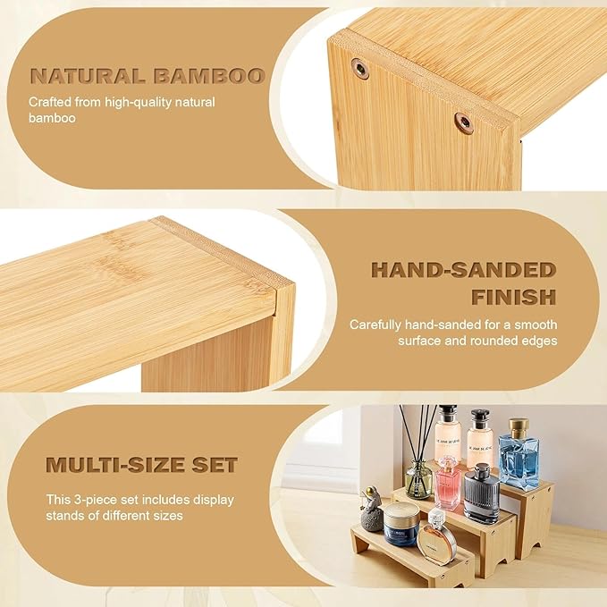 3 Tier Bamboo Display Stand Risers, Independent Shelf with 3 Heights, Natural Bamboo Organizer Stand for Cupcake, Perfume, Cologne, Figurine, Spice, Cosmetic, Tiered Riser Rack for Table Display, Kitchen, Retail, Home Decor