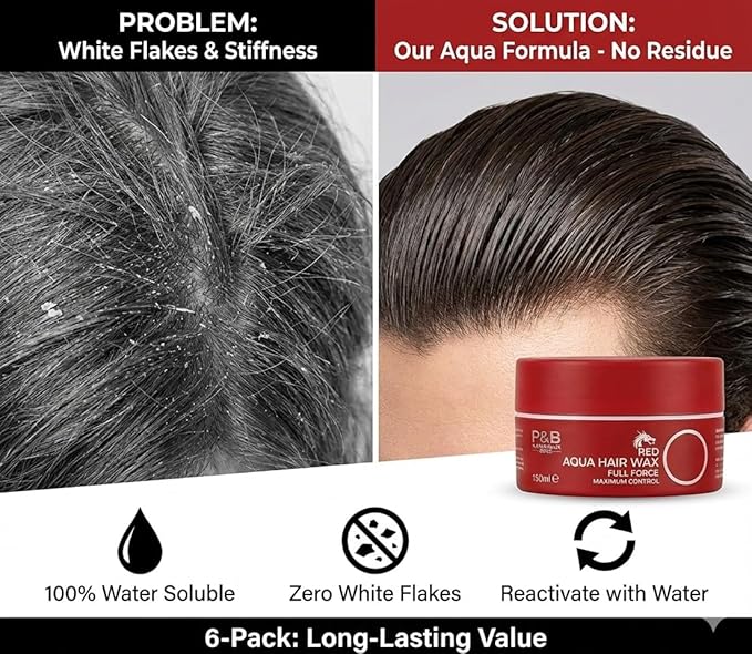 Aqua Hair Wax Strong Hold for Men – High Shine Water-Based Styling Wax, Non-Flaking, Easy Wash Out, Fresh Scent – Pack of 6 (150 ml Each)