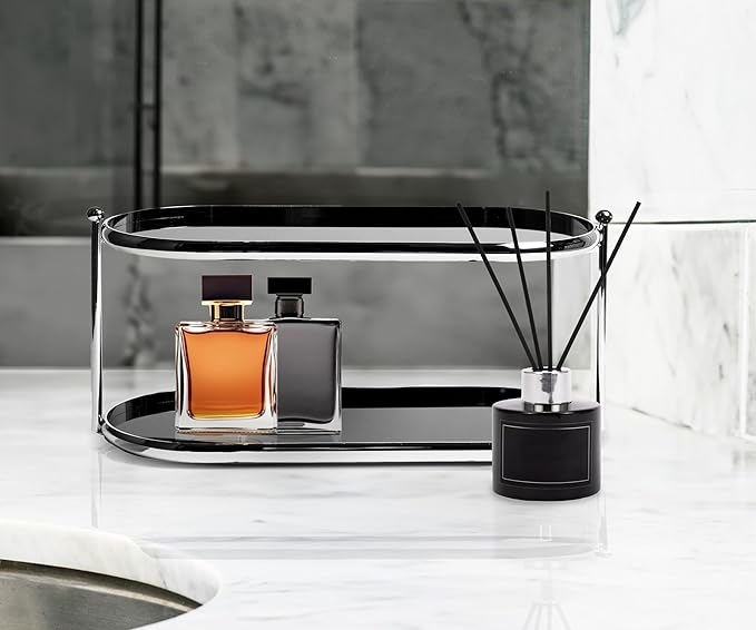 2 Tier Metal Frame Perfume Organizer in black - morden, stylish, minimalist tiered tray for Watch, Jewelry, Brooch Skincare, - Elegant Countertop Display Shelf for Dresser, Vanity, Bathroom