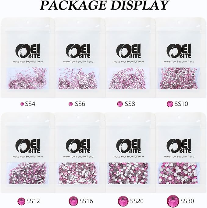 Meibite Fuchsia Flatback Rhinestones, Glass Rhinestones for Nail Art and Craft, Glue Fix, Loose Crystal Gemstones(Fuchsia, SS10, 1440pcs, 2.7-2.8mm)