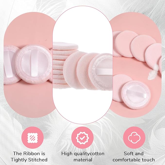 cobee 24 Pcs Round Powder Puffs, Makeup Powder Puff Soft Velour Makeup Pad With Ribbon, Setting Powders Puff Facial Make Up Eyeshadow Concealer Cosmetics Sponge Women(Pink)
