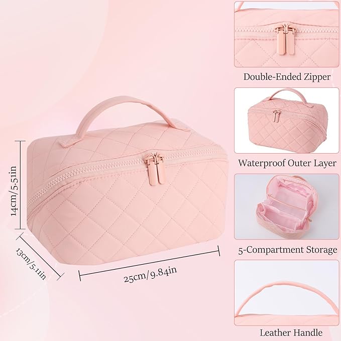 Travel Makeup Bag for Women - Puffy Padded Make Up Bags, Lay-Flat Water-Resistant Cosmetic Case, Large Capacity Cosmetic Bag for Travel Storage of Toiletries and Makeup Brushes (Pink)