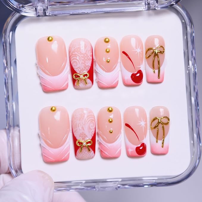 MAGLFELL Press On Nails, 10 Pcs Handmade French Square Fake Nails, Reusable Artificial Unique 3D False Nails for Women 3D Acrylic Nails Kit (Size L)