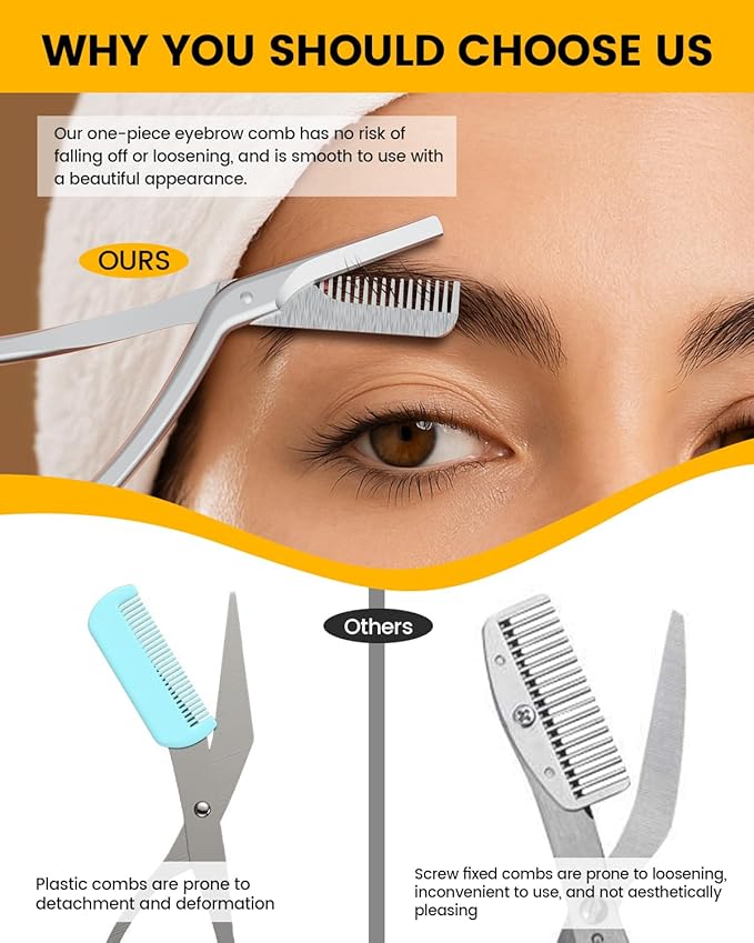 BEZOX Eyebrow Scissors with Comb - Stainless Steel Eyebrow Trimmer for Women and Men, Precision Eye Brow Comb Scissors, Sleek Eyebrows Grooming Kit - Silver