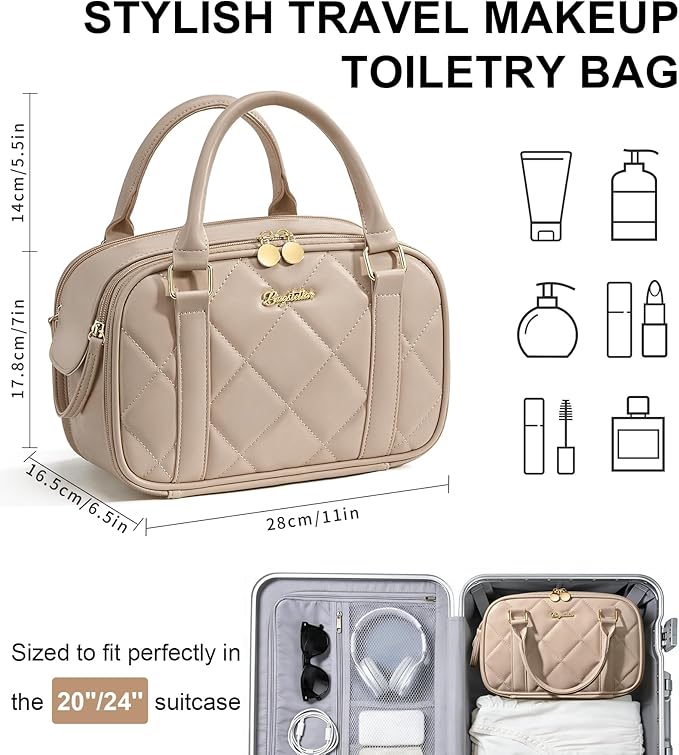 Bagstellar Travel Makeup Bag, Large Capacity Quilted Toiletry Bags for Women, Wide-open Cosmetic Bags Make Up Case Organizer Portable Pouch with Handle & Brush Holder for Traveling Accessories, Camel