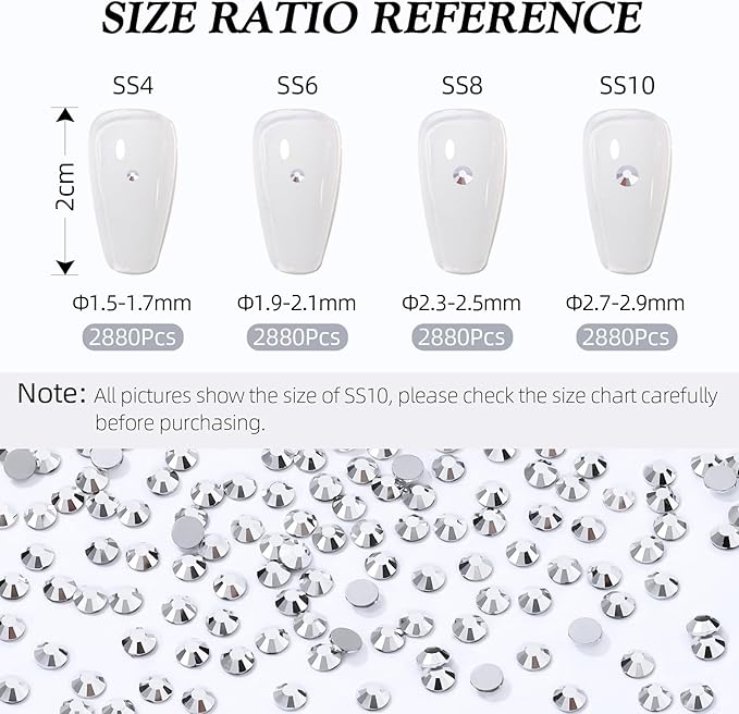 Meibite Silver Flatback Rhinestones, Glass Rhinestones for Nail Art and Craft, Glue Fix, Loose Crystal Gemstones(Silver, SS10, 2880pcs, 2.7-2.8mm)