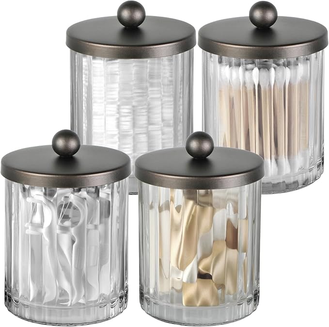 Amolliar Apothecary Jars Bathroom Vanity Storage Organizer Set, Countertop Canister with Stainless Steel Lid & Cute Stickers, Qtip Holder Dispenser for Cotton Swabs, Balls, Makeup Pads(Bronze, 4 Pack)