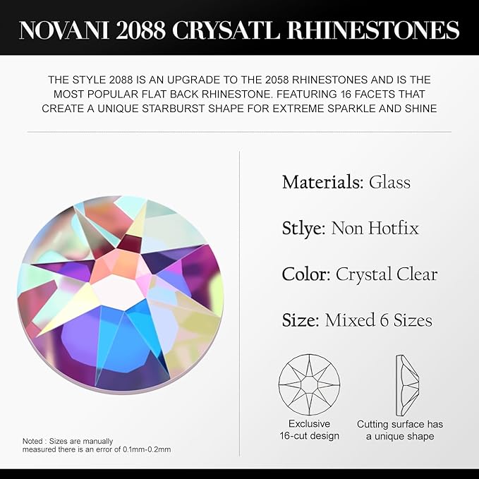 Novani Crystal AB Rhinestones Flat Back Round Rhinestone Style 2088 Sparkly Crystal Gemstones for Crafting,Mixed Large Size(SS12-SS40)