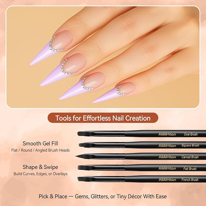 AMilHiTon 8PCS Nail Art Brush Set for Gel & Acrylic – French Tip, Flat, Oval & Carved Liner Brushes with Dotting Tools, Professional Builder Poly Gel Nail Design Kit