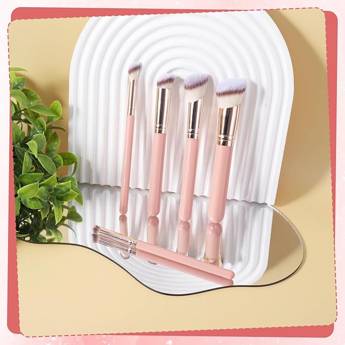 5PCS Angled Pink Makeup Brushes Set, Foundation, Concealer, Contour, Eyeshadow Brushe, Concealer, Foundation, Powder, Eyeshadow, Contour