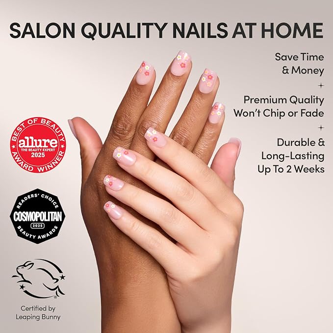 Glamnetic Press On Nails - Pretty Bloom | Glossy, Semi-Transparent Short Squoval Nails with Flower Accents, Salon Quality | 15 Sizes - 30 Nail Kit with Glue