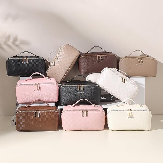 Travel Makeup Bag Travel Toiletry Bag Waterproof PU Leather Checkered Makeup Organizer Bag Woman Cosmetic Organizer Bag With Headband and Wristband Set(Pink, Checkerboard pattern)