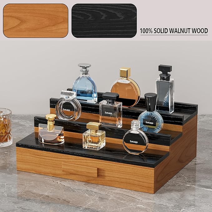 Solid Walnut Wood Cologne Organizer for Men,3 Tier Cologne Stand Display Shelf with Hidden Compartment and Drawer,Perfume Stand Organizer,Perfume Display Holder,Great Gift for Men Father