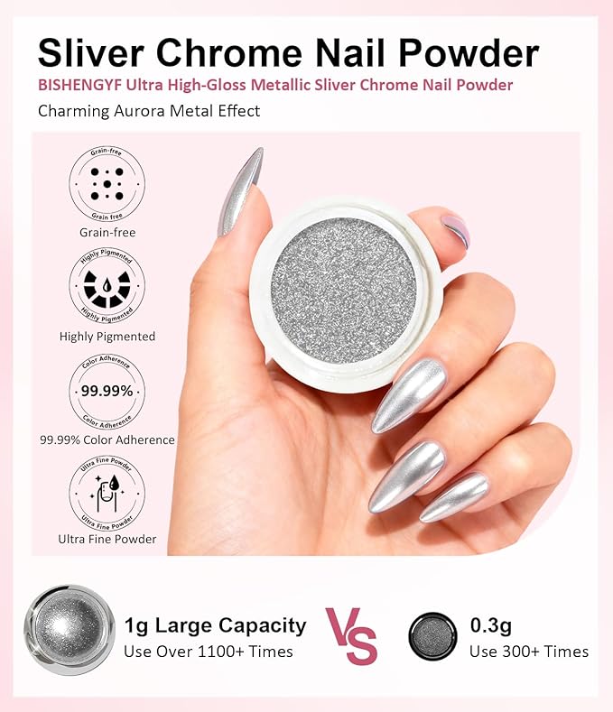 BISHENGYF Gold Chrome Nail Powder - Sparkly Laser Holographic Nail Powder Metallic Mirror Effect Silver Nail Chrome POwder, White Pearl Pigment Holo Iridescent Glitter Dust Kit, Nail Art Decoration