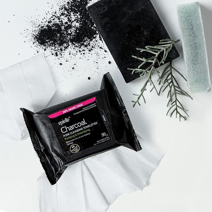 Epielle Charcoal Makeup Remover Wipes, Pore Cleaning Facial Cleanser Towelettes, Purifying & Detoxifying, Remove Dirt, Oil, Waterproof Mascara, Stocking Stuffers, 30 Count (Pack of 6)