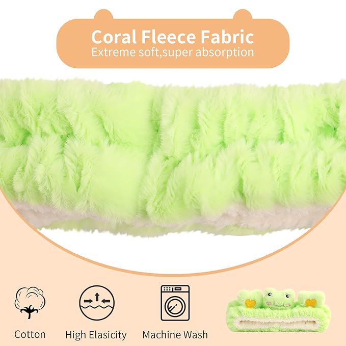 PERFECTSIGHT Kawaii Headband for Spa, Makeup, Washing Face, Party - Cute Hair and Wrist Band Set for Shower Beauty Skincare, Soft Facial Headbands for Girls and Women, Green Frog