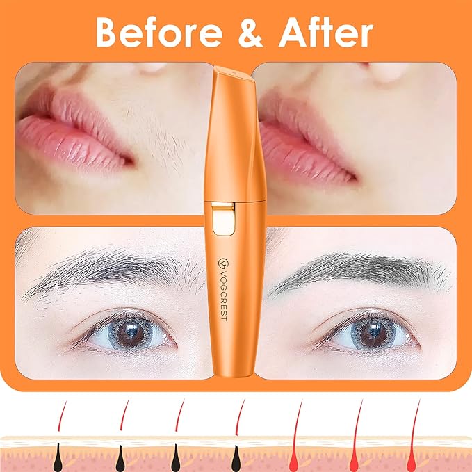 VG VOGCREST Eyebrow Facial Trimmer: 2 in1 Rechargeable Facial Hair Removal and Eyebrow Shaver - Face Lips Body Painless Razor with Built-in LED Light (Orange)