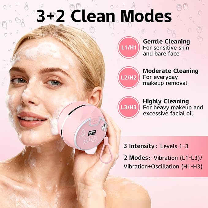 Face Cleansing Brush, Waterproof Silicone Facial Cleansing Brush, for Women and Men, 6 Modes, 3 Light Effect, Rechargeable Electric Exfoliator Deep-Clean Scrubber for Women and Men