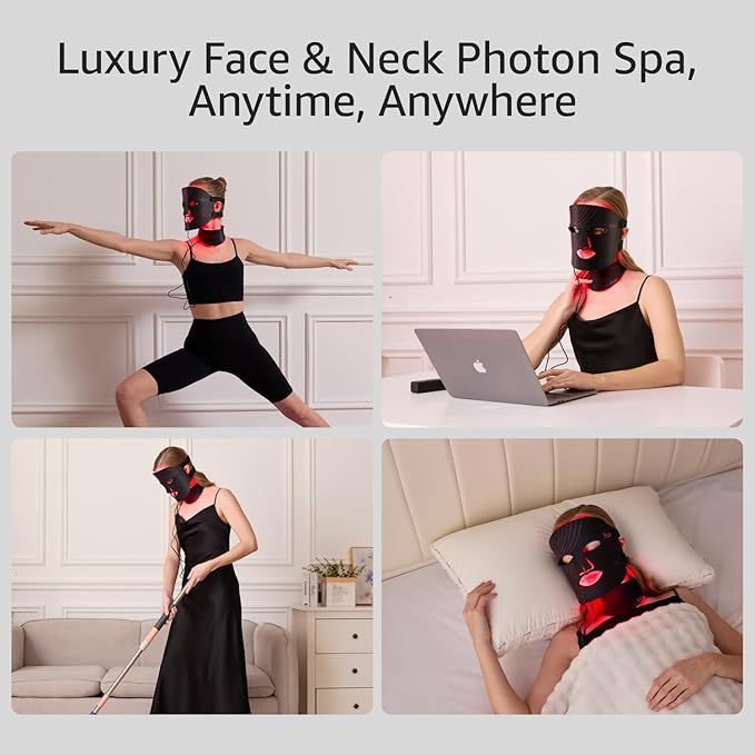 Red Light Therapy Mask for Face and Neck, 7 Colors with NIR Led Face Mask Light Therapy with Eye Protection and Remote, Rechargeable Ergonomic Design for True Anti-Aging Skincare at Home Black