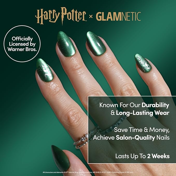 Harry Potter™ x Glamnetic Press On Nails - Slytherin™ | Green Snake Serpent Graphic Short Almond Nails in a Velvet Finish | 15 Sizes - 30 Nail Kit with Glue