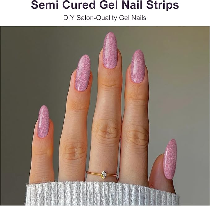 DUKASOU Semi Cured Gel Nail Strips, 56Pcs Nail Art Stickers/Wraps, Long Lasting UV Nail Polish Strips for Adults(Pink+Gold)