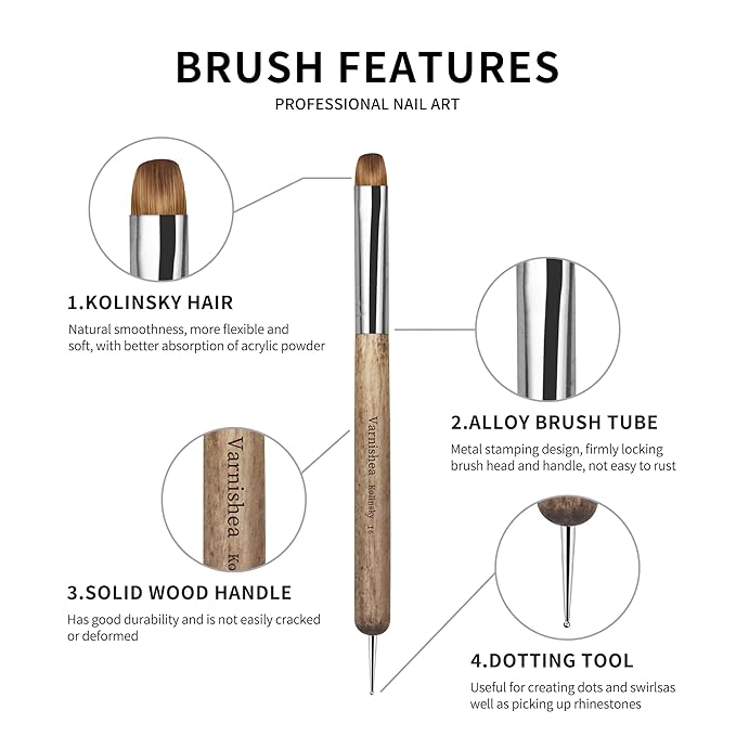 varnishea Kolinsky French Tip Nail Art Brush Solid Wood Handle Gel Acrylic Nail Dotting Tool for Manicure Clean Up and Dotting Manicure Tool Professional Nail Brush - Size 10, 1.0 Count
