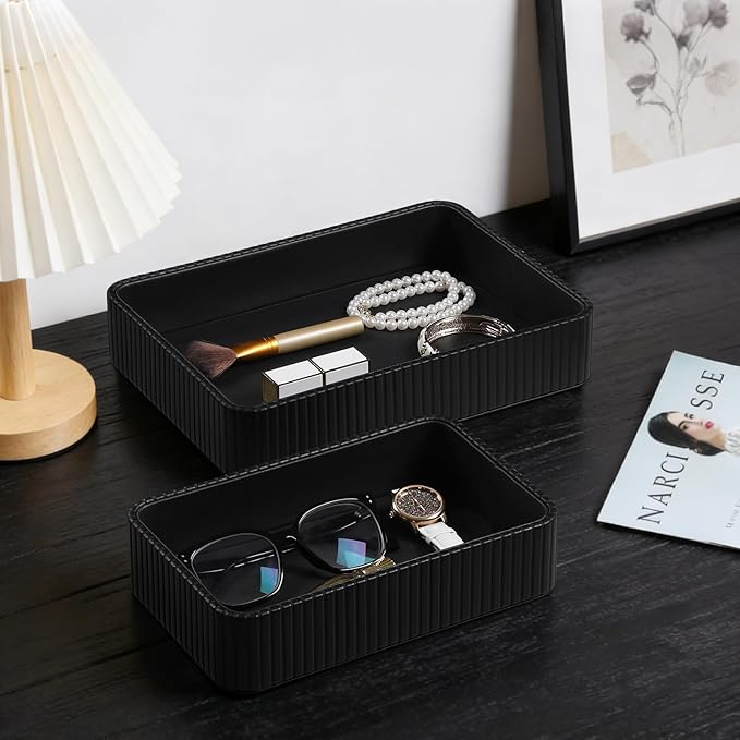 MEIBOOCH 2 Pack Nightstand Organizer Tray, Decorative Perfume Valet Tray Trinket Dish Catch All Purse Key Bowl, PU Leather Coffee Table Trays for Vanity Dresser Bedside Bathroom Countertop (Black)