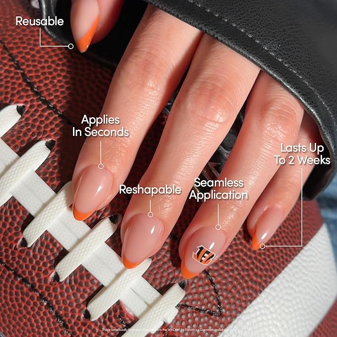 Glamnetic x Fanatics Press On Nails - Cincinnati Bengals | Short Almond Fake Nails, NFL Bengals Orange French Tips, Football Nails, Salon-Quality | 15 Sizes - 30 Nail Kit with Glue