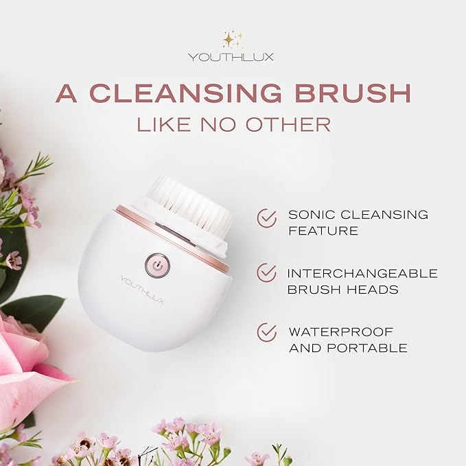 YouthLab Pure Radiance, Vibrating Facial Cleansing Brush, Electric, 3 Modes, 3 Brush Heads (2 Bristle,1 Silicone), Waterproof, Rechargeable, Smart Timer, Exfoliating, Massage (Rose Gold)