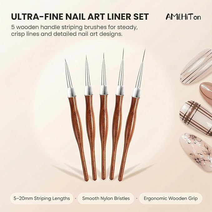AMiLHiTon 5 Pcs Nail Art Liner Brushes, Wooden Handle Striping Brushes for Ultra Fine Lines, Plaid & Floral Detailing, Gel Polish & Acrylic Painting, 5/8/12/15/20mm (Wood Color)
