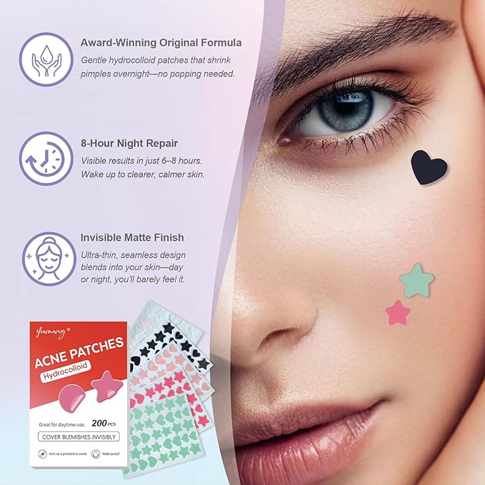 Pimple Patches for Face, Multi-Color Hydrocolloid Acne Patches, Zit Covers & Spot Stickers for Discreet Blemish Care with Tea Tree Oil, Salicylic Acid & Centella, 3 Sizes (10mm, 12mm, 14mm), 200 Count