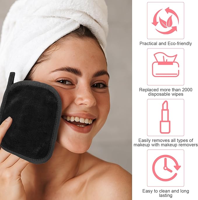 zisiueel 50 Pcs Makeup Remover Cloths Reusable Washable Remover Pads Soft Microfiber Washcloths Facial Cloths Makeup Towels for Women, 5 x 5 Inch(Black) ﻿