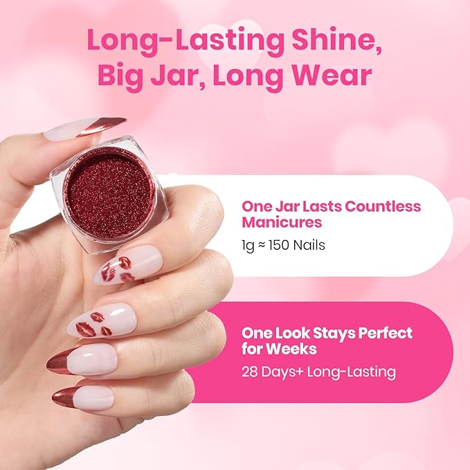 Beetles Red Chrome Nail Powder Mirror Effect Chrome Powder for Nails Metallic Red Gel Polish Nail Art DIY Decoration Valentine's Day Gifts for Women