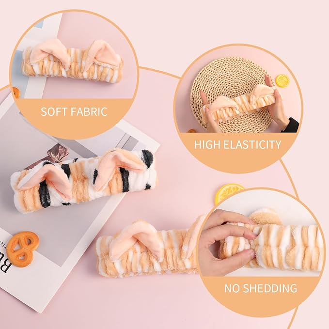 PERFECTSIGHT Spa Headband for Washing Face, 2 Pack Cute Hair Band for Shower Yoga Beauty Skincar Party, Soft Fluffy Makeup Headband, Kawaii Facial Headbands for Woman Girls, Leopard+Yellow Cat Ear
