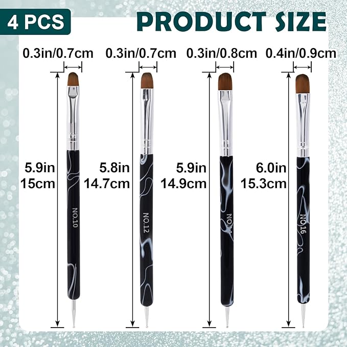 SmallCat 4 Pcs Double Ended Builder Gel Brush, Hard Gel Brush, Gel Brushes for Nails, Acrylic Nail Brush for Design Nails Professional Nail Art, Size 10#,12#, 14#, 16# (Marble Black)