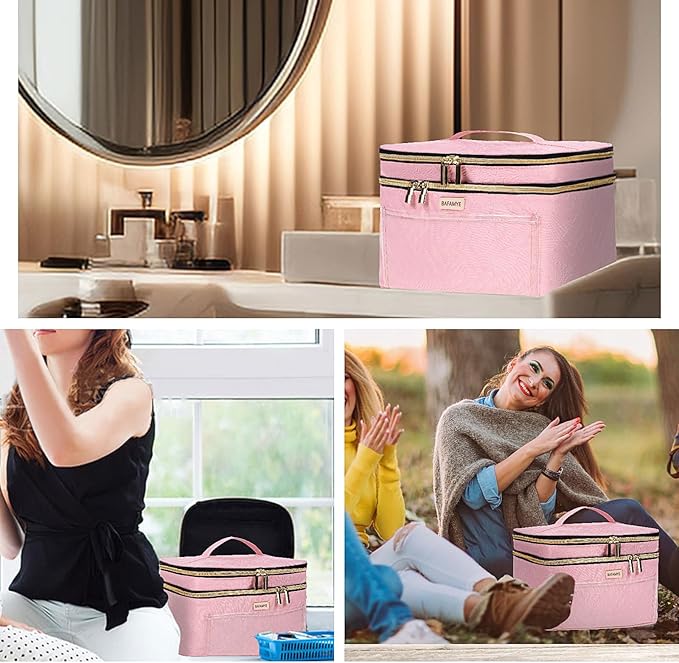 BAFAMYE Double Layer Travel Makeup Bag for Women, Large Cosmetic Case Organizer with Makeup Brush Compartment, Portable Train Case Make Up Bag for Travel-Size