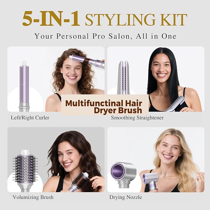 Aculya Life 5 in 1 Hot Air Styler- 110,000 RPM Ionic Straighter, High Speed Hair Dryer, Volumizer & Auto-Wrap Curlers, Frizz-Free Styling Tool, Hair Styler Gift Set with Travel Bag