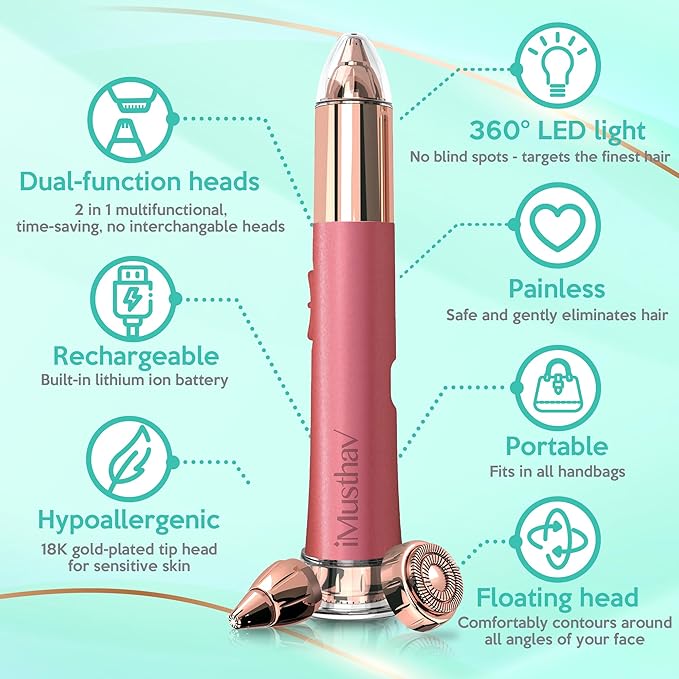 iMusthav 2 in 1 Eyebrow and Facial Hair Remover for Women Painless Electric Razor Epilator Trimmer Shaver with 18K Gold-Plated, USB Rechargeable, 360° LED for Flawless Eyebrow and Face Hair Removal