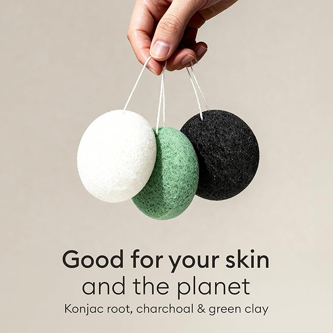 Vove Organic Konjac Facial Sponges 3-Pack - Natural Face Exfoliating Sponges with Bamboo Charcoal & Green Clay, Gentle Cleansing for All Skin Types, Natural Vegan Skincare, Certified Organic