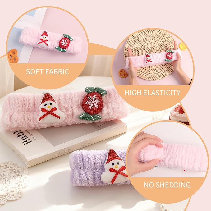 PERFECTSIGHT Kawaii Headband for Spa, Makeup, Washing Face, Party - 2 Pack Cute Christmas Hair Band for Shower Beauty Skincare, Soft Facial Headbands for Girls and Women, Snowman