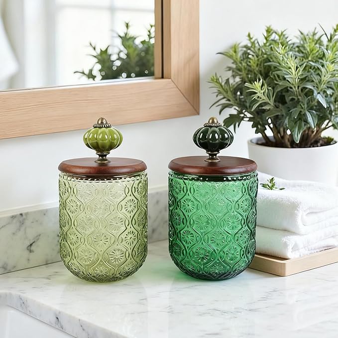 Canumer 2 Pack Green Qtip Holder – Glass Apothecary Jars with Lid, Qtip Dispenser, Bathroom Storage Organizer for Cotton Balls, Swabs, Pads, Floss, Makeup Essentials, Candy, Vintge Decor