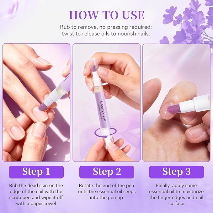 SASSYTIPCeramic Cuticle Pusher & Oil Pen, 2ml Rose/Lavender Scented Nail Care Pen, Gentle Cuticle Remover for Dry & Damaged Nails, Hangnails, Moisturize Strengthen Brighten (Pink&Purple)