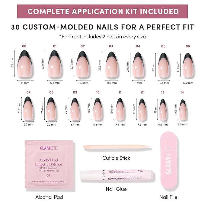 Glamnetic Press On Nails - Black Truffle | Medium Almond Black French Tip Fake Nails, Salon Quality French Manicure | 15 Sizes - 30 Nail Kit with Glue